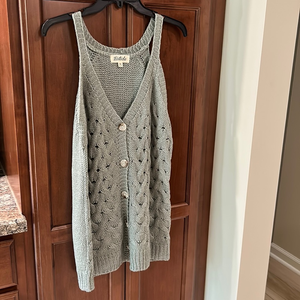 Sleeveless button down sweater. Sage green